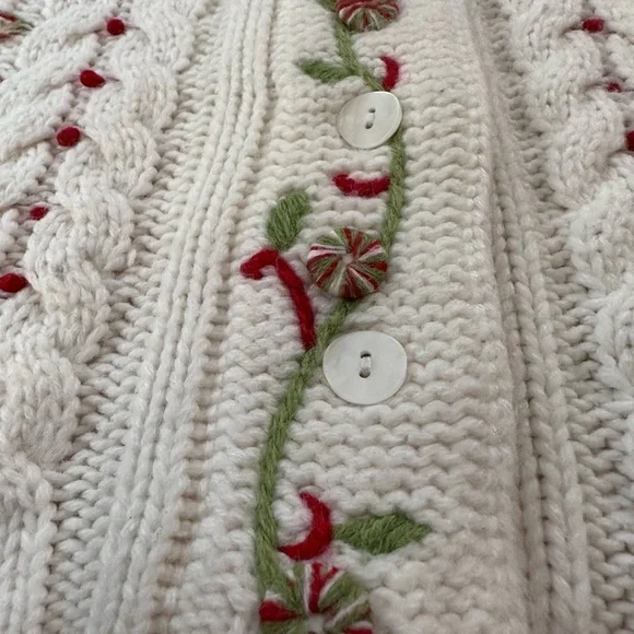 Christopher & Banks Button Down Hand Embroidered Christmas Sweater Cream/Red Med - Picture 6 of 11